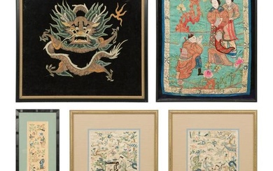 A group of five Chinese embroidered silk panels, 19th century