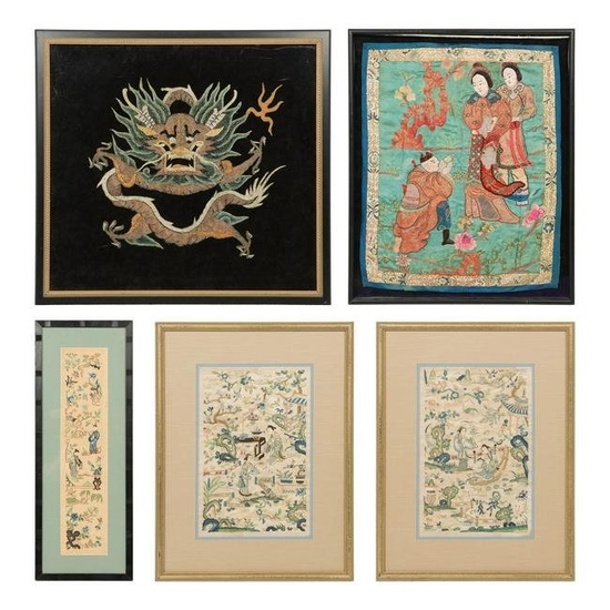 A group of five Chinese embroidered silk panels, 19th century