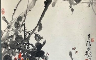 A ink on rice paper painting of flowers and...