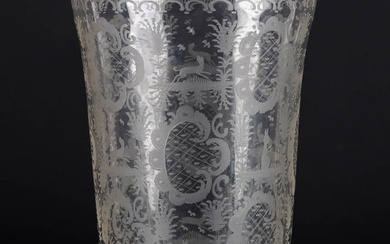 A large Bohemian, hand-made antique vase with etched fauna and flora scenes. 19th C. (H:25,5 x