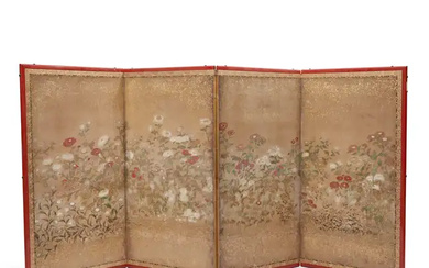 A large Japanese Rinpa school painted floral four-panel screen 19th century Painted...