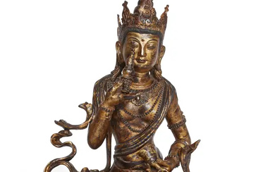 A large Sino-Tibetan red and gilt lacquered copper-alloy figure of Vajrasattva Early...