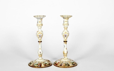 A large pair of Staffordshire enamel candlesticks c.1770,...