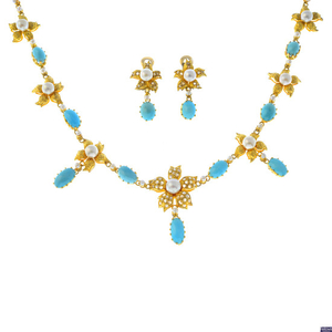 A mid 20th century diamond, turquoise and cultured pearl necklace, with matching earrings.