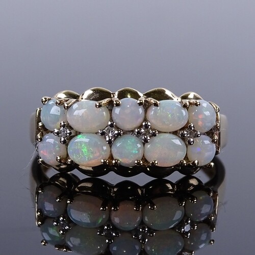 A modern 9ct gold cabochon opal and diamond half hoop ring, ...
