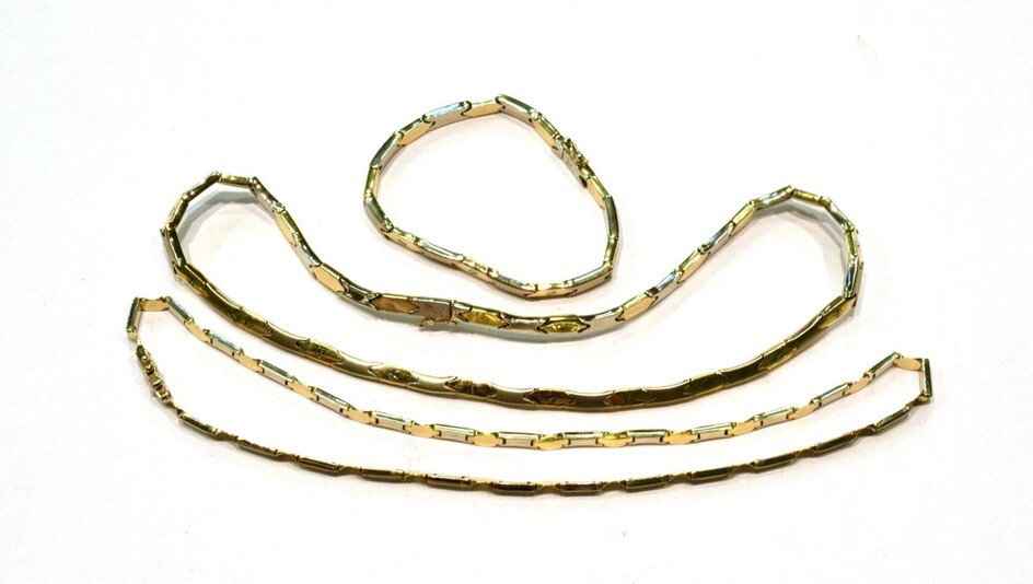 A necklace and bracelet suite, necklace length 43cm, bracelet length 19cm; and another...