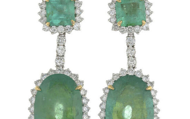A pair of 18ct gold emerald and brilliant-cut diamond drop earrings.