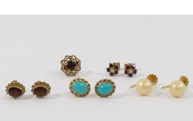 A pair of 9 carat gold turquoise set oval stud earrings, a p...