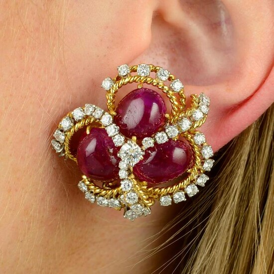 A pair of Burmese ruby cabochon and diamond earrings.