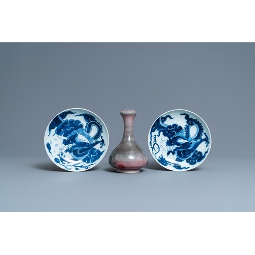 A pair of Chinese blue and white 'dragon' plates and a monoc...