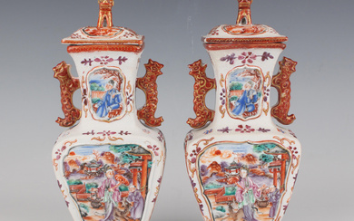 A pair of Chinese famille rose export porcelain vases and covers, late Qianlong period, each of flat