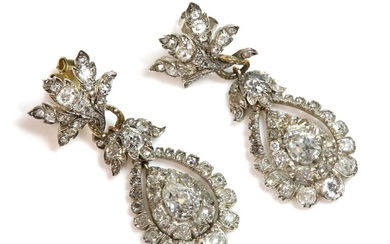 A pair of Victorian diamond set leaf and pear cut diamond drop earrings, c.1870