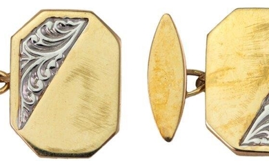 A pair of cufflinks, composed of rectangular cut-cornered plaques to torpedo shaped back links with curb link connecting chains, stamped 375, approximate gross weight 3.5g