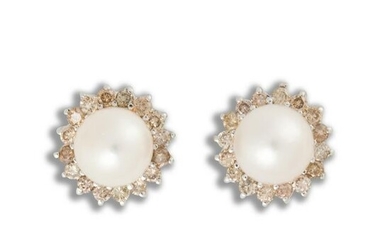 A pair of cultured pearl, diamond and fourteen karat