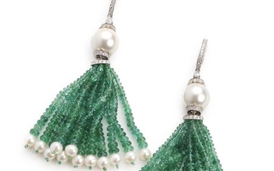 A pair of diamond, emerald and pearl ear pendants each set with...