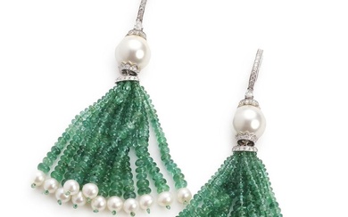 A pair of diamond, emerald and pearl ear pendants each...