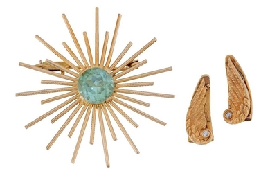 A pair of gold and diamond earclips and a blue zircon brooch, each earclip designed as a wing with engraved detail and old-brilliant-cut diamond accent, length of each wing 1.8cm; and a blue zircon single stone sunburst brooch, diam. 4.5cm (3)