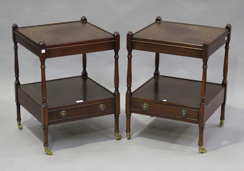 A pair of late 20th century reproduction mahogany lamp tables, height 63cm, width 46cm, depth 46cm.