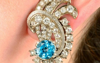 A pair of mid 20th century 18ct gold blue topaz and vari-cut diamond earrings. Topaz calculated