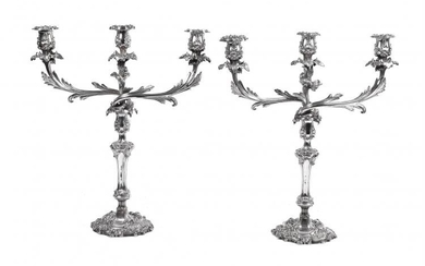 A pair of old Sheffield plate three light candelabra