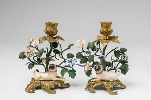 A pair of ormolu candle sticks with Meissen p ...