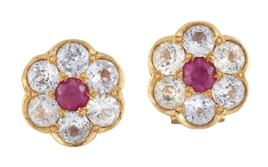 A pair of synthetic ruby and colourless gem earrings, of...