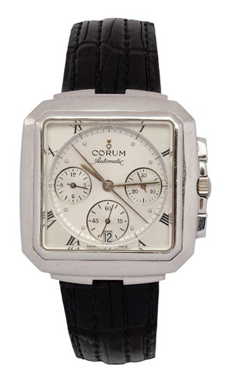 A platinum square chrono chronograph automatic wristwatch, by Corum, the square dial applied with Roman numerals with three subsidiary dials for constant seconds, hour, 30 minute registers and date aperture, with Corum buckle, automatic movement...