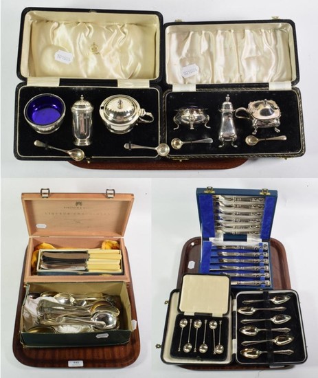 A quantity of cased silver and silver-plate including: a George...