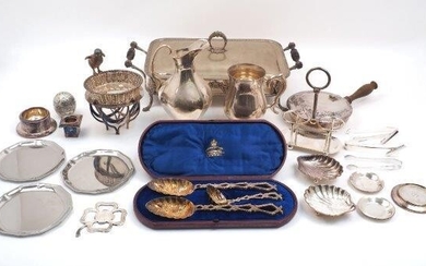 A quantity of silver plate including: a cased set of berry spoons and a sifting spoon, designed with stylised branch handles, in Mappin Bros case; a white metal jug, apparently unmarked (assumed plated); a baluster shaped tankard; a bottle opener...