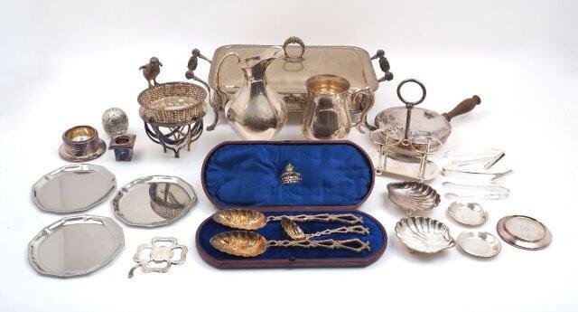 A quantity of silver plate including: a cased set of berry spoons and a sifting spoon, designed with stylised branch handles, in Mappin Bros case; a white metal jug, apparently unmarked (assumed plated); a baluster shaped tankard; a bottle opener...