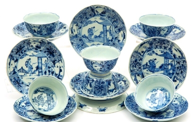 A set of blue & white tea bowls and saucers