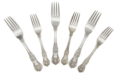 A set of nine Victorian silver Queen's pattern table forks,...