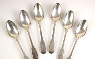 A set of six George III silver fiddle pattern dessert spoons...