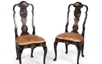 A set of six black Japanned chairs, in Queen Anne style, 19th century