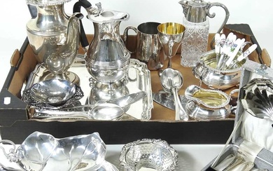 A silver plated salver, together with a collection of silver...