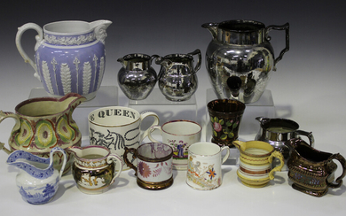 A small group of Staffordshire pottery jugs, mugs and beakers, 19th century, including a lilac groun