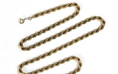 A yellow metal chain, the rope twist chain stamped ‘MT 9K’ w...