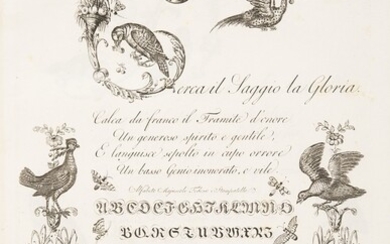 Giarrè, Gaetano. Alfabeto di lettere iniziali adorno di animali e proseguito da vaga serie di caratteri. Firenze, Giacomo Moro, [1797].