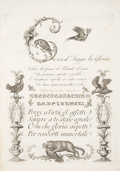 Giarrè, Gaetano. Alfabeto di lettere iniziali adorno di animali e proseguito da vaga serie di caratteri. Firenze, Giacomo Moro, [1797].