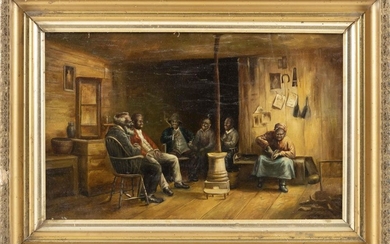 AMERICAN SCHOOL, Early 20th Century, Figures around a cabin stove., Oil on canvas, 14" x 22". Framed 20" x 28".