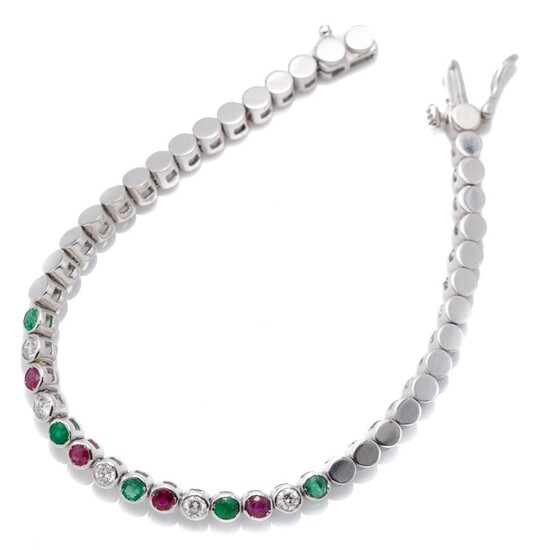 AN 18CT WHITE GOLD DIAMOND AND GEMSTONE TENNIS BRACELET; 3.5mm wide collet links centring 5 round cut emeralds totalling 0.50ct, 4 r...