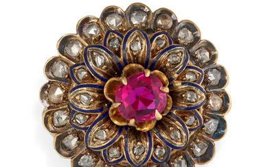 AN ANTIQUE SYNTHETIC RUBY, DIAMOND AND ENAMEL FLOW ...