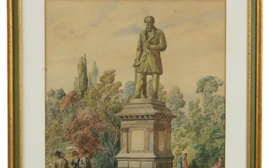 ANTIQUE 19TH C WATERCOLOR PAINTING OF A STATUE