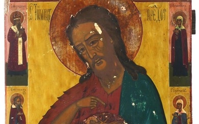 ANTIQUE RUSSIAN ICON JOHN THE BAPTIST WITH SAINTS