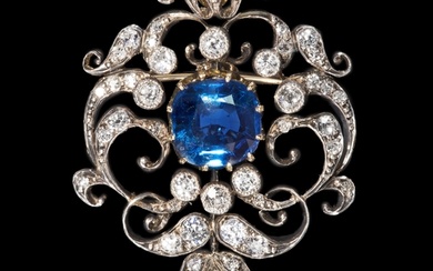 ANTIQUE SAPPHIRE AND DIAMOND BROOCH/PENDANT, 4.39 ct. of gem...