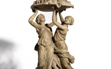 According to Claude Michel dit Clodion (1738-1814) Two young women - or nymphs - carrying with four arms a cup laden with fruit Spectacular terracotta print H. 57 cm (height 57 cm) Resting on a gilded and moulded wooden base H. 11 cm (height 11 cm)...