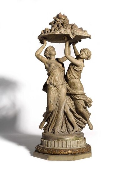 According to Claude Michel dit Clodion (1738-1814) Two young women - or nymphs - carrying with four arms a cup laden with fruit Spectacular terracotta print H. 57 cm (height 57 cm) Resting on a gilded and moulded wooden base H. 11 cm (height 11 cm)...