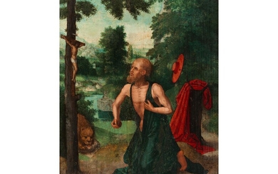 Adriaen Isenbrant, um 1475/95 Brügge – 1551, Der kniende Heilige Hieronymus vor dem Kreuz