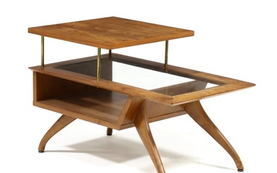 American Mid-Century Two Tiered Walnut and Glass Side Table
