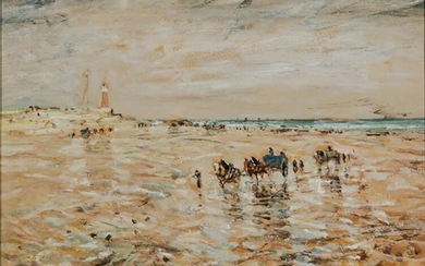 American School, 20th Century, View of the Shore with Lighthouse, Oil on Board, 12 x 17 inches